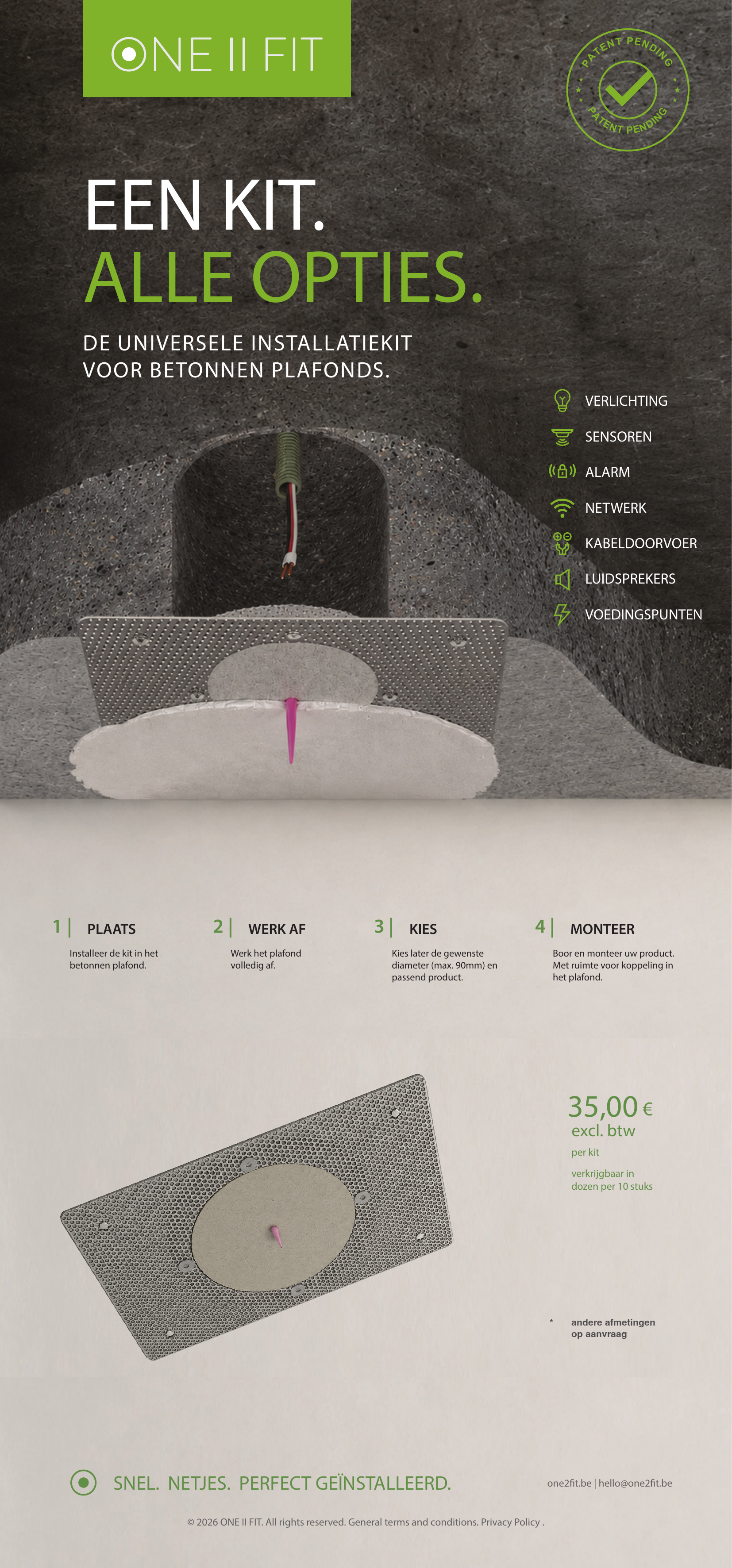 ONE II FIT - Eén kit, alle opties. De universele installatiekit voor betonnen plafonds.